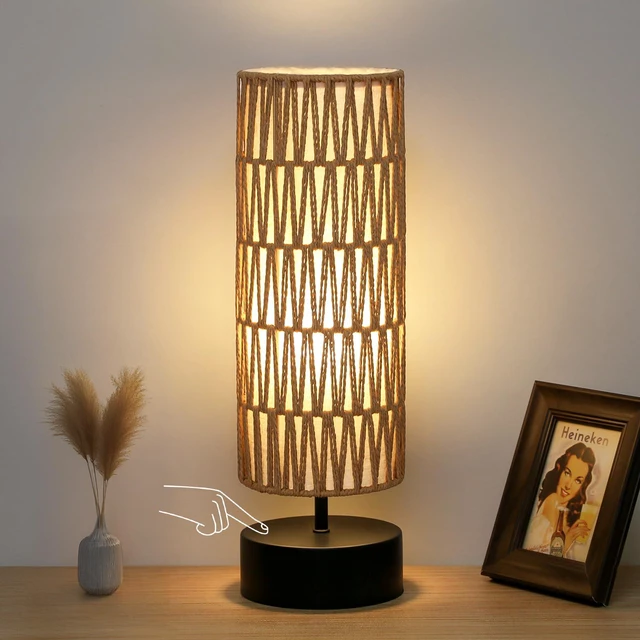 Main image of Rattan Table Lamp, Touch Control Bedside Table Lamp with Black Base, 3 Way Dimmable Nightstand Lamp with Dual-layer Shade, Boho Night Light for Bedroom Living Room Home Office, 9W LED Bulb Included