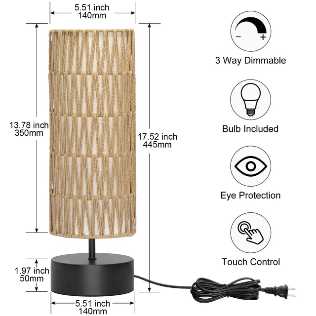 Alt view image 2 of 7 - Rattan Table Lamp, Touch Control Bedside Table Lamp with Black Base, 3 Way Dimmable Nightstand Lamp with Dual-layer Shade, Boho Night Light for Bedroom Living Room Home Office, 9W LED Bulb Included