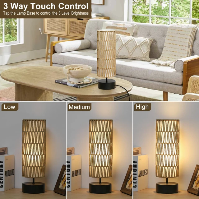 Alt view image 3 of 7 - Rattan Table Lamp, Touch Control Bedside Table Lamp with Black Base, 3 Way Dimmable Nightstand Lamp with Dual-layer Shade, Boho Night Light for Bedroom Living Room Home Office, 9W LED Bulb Included