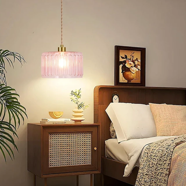 Alt view image 3 of 7 - Pink Plug in Pendant Light Glass Hanging Lights with Plug in Cord Boho Hanging Lamp Gold Mid Century Modern Vintage Dimmable Flower Plug in Chandelier Ceiling Fixture for Living Room,Bedroom