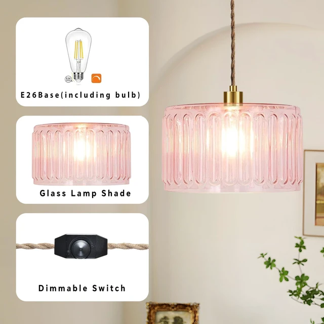 Alt view image 4 of 7 - Pink Plug in Pendant Light Glass Hanging Lights with Plug in Cord Boho Hanging Lamp Gold Mid Century Modern Vintage Dimmable Flower Plug in Chandelier Ceiling Fixture for Living Room,Bedroom