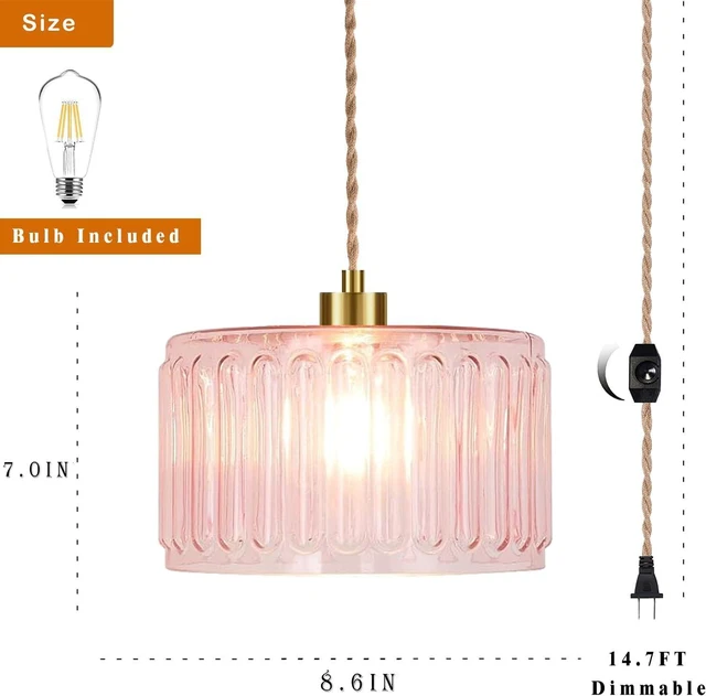 Alt view image 5 of 7 - Pink Plug in Pendant Light Glass Hanging Lights with Plug in Cord Boho Hanging Lamp Gold Mid Century Modern Vintage Dimmable Flower Plug in Chandelier Ceiling Fixture for Living Room,Bedroom