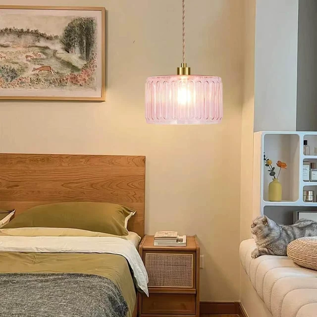 Alt view image 7 of 7 - Pink Plug in Pendant Light Glass Hanging Lights with Plug in Cord Boho Hanging Lamp Gold Mid Century Modern Vintage Dimmable Flower Plug in Chandelier Ceiling Fixture for Living Room,Bedroom