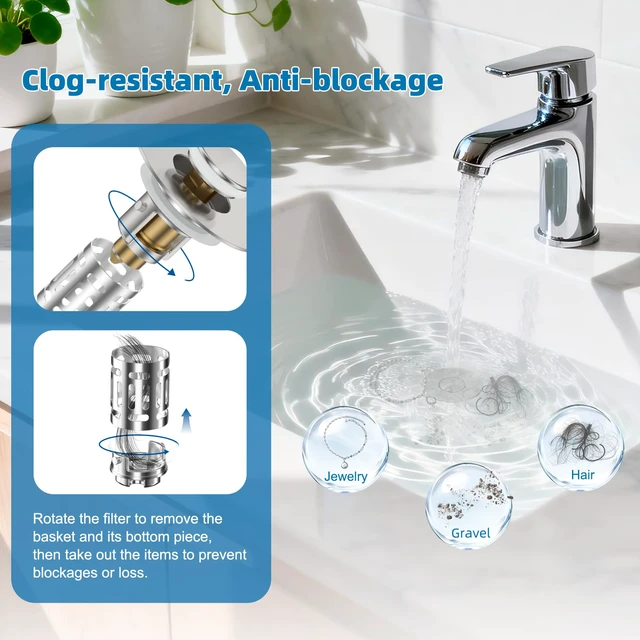 Alt view image 2 of 7 - 2 Pack Bathroom Sink Drain Strainer, 3 in 1 Pop Up Stopper Universal Hair Catcher Sink Plug for 1.1''-2.36'' Hole, Removable Stainless Steel Filter Basket, Brass Core, Brushed Nickel