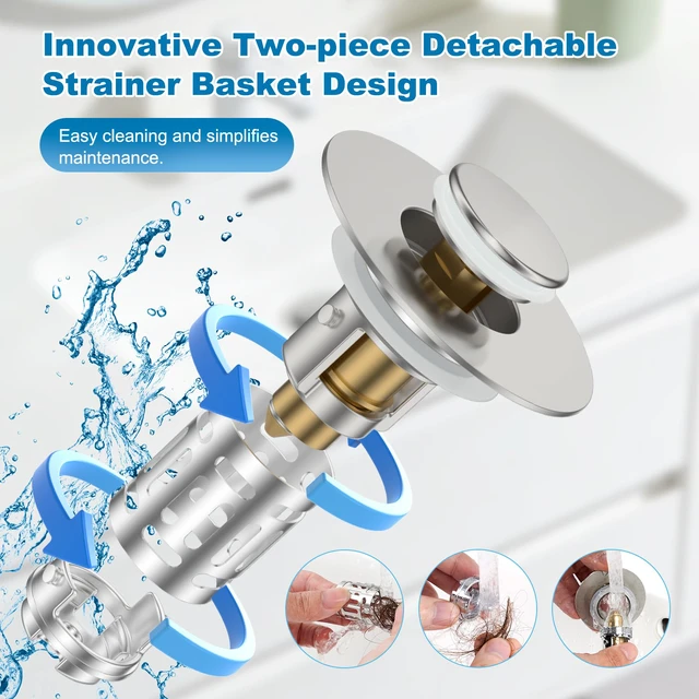 Alt view image 3 of 7 - 2 Pack Bathroom Sink Drain Strainer, 3 in 1 Pop Up Stopper Universal Hair Catcher Sink Plug for 1.1''-2.36'' Hole, Removable Stainless Steel Filter Basket, Brass Core, Brushed Nickel