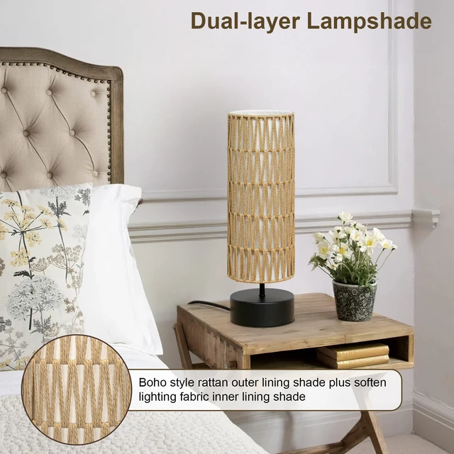 Alt view image 6 of 7 - Rattan Table Lamp, Touch Control Bedside Table Lamp with Black Base, 3 Way Dimmable Nightstand Lamp with Dual-layer Shade, Boho Night Light for Bedroom Living Room Home Office, 9W LED Bulb Included
