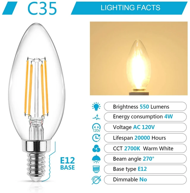 Alt view image 2 of 7 - E12 Candelabra LED Light Bulbs 60 Watt Equivalent, Warm White 2700K, Non-Dimmable, 550 Lumen, Clear LED Filament Candle Bulbs, Pack of 5