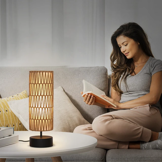 Alt view image 5 of 7 - Rattan Table Lamp, Touch Control Bedside Table Lamp with Black Base, 3 Way Dimmable Nightstand Lamp with Dual-layer Shade, Boho Night Light for Bedroom Living Room Home Office, 9W LED Bulb Included