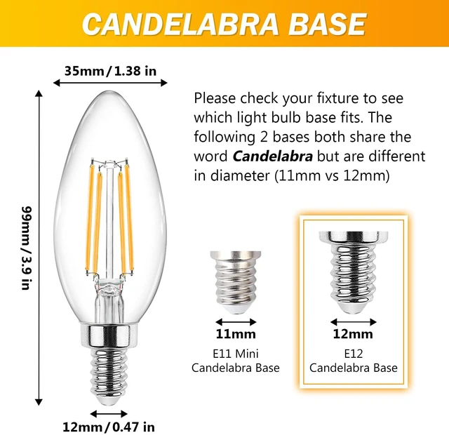 Alt view image 3 of 7 - E12 Candelabra LED Light Bulbs 60 Watt Equivalent, Warm White 2700K, Non-Dimmable, 550 Lumen, Clear LED Filament Candle Bulbs, Pack of 5