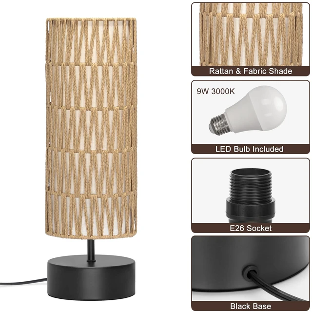 Alt view image 7 of 7 - Rattan Table Lamp, Touch Control Bedside Table Lamp with Black Base, 3 Way Dimmable Nightstand Lamp with Dual-layer Shade, Boho Night Light for Bedroom Living Room Home Office, 9W LED Bulb Included