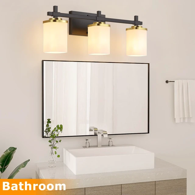 Alt view image 6 of 7 - 3-Lights Black and Gold Bathroom Lighting Fixtures Over Mirror, Anti-Rust Vanity Wall Lights for Bathroom with Milky White Frosted Glass Shades, Modern Bath Wall Lamp for Living Room Bedroom