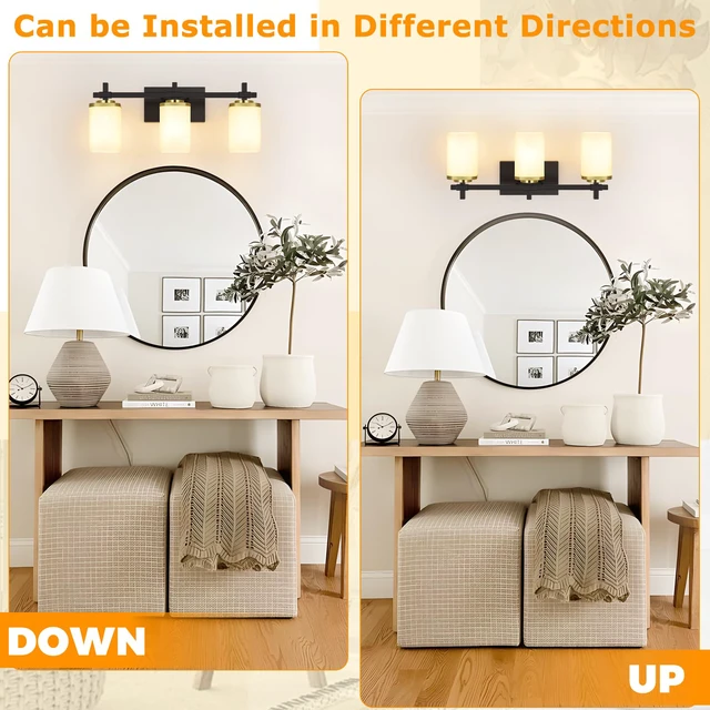 Alt view image 4 of 7 - 3-Lights Black and Gold Bathroom Lighting Fixtures Over Mirror, Anti-Rust Vanity Wall Lights for Bathroom with Milky White Frosted Glass Shades, Modern Bath Wall Lamp for Living Room Bedroom