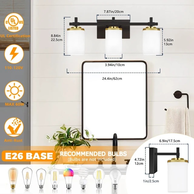Alt view image 2 of 7 - 3-Lights Black and Gold Bathroom Lighting Fixtures Over Mirror, Anti-Rust Vanity Wall Lights for Bathroom with Milky White Frosted Glass Shades, Modern Bath Wall Lamp for Living Room Bedroom