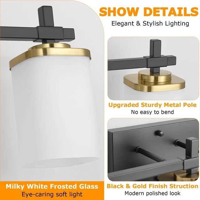 Alt view image 3 of 7 - 3-Lights Black and Gold Bathroom Lighting Fixtures Over Mirror, Anti-Rust Vanity Wall Lights for Bathroom with Milky White Frosted Glass Shades, Modern Bath Wall Lamp for Living Room Bedroom