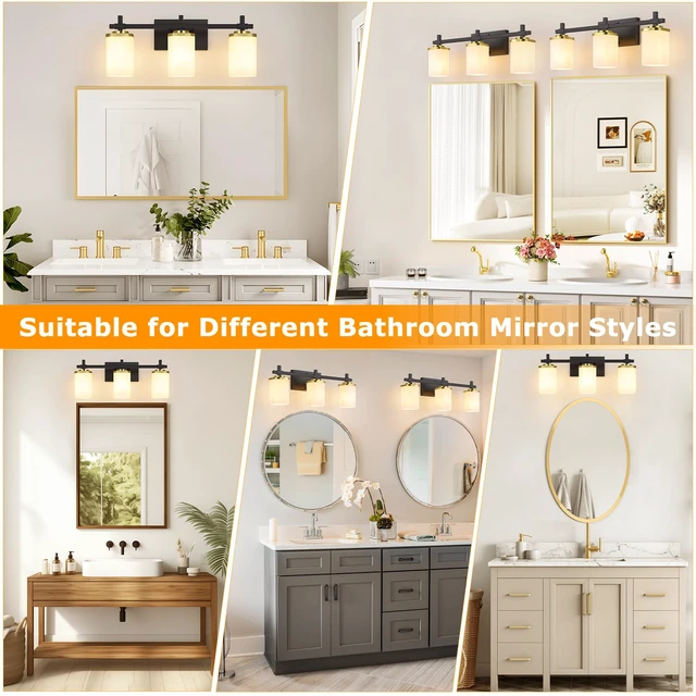 Alt view image 7 of 7 - 3-Lights Black and Gold Bathroom Lighting Fixtures Over Mirror, Anti-Rust Vanity Wall Lights for Bathroom with Milky White Frosted Glass Shades, Modern Bath Wall Lamp for Living Room Bedroom