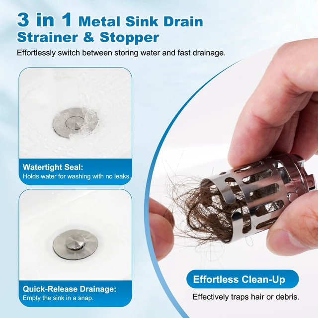 Alt view image 6 of 7 - 2 Pack Bathroom Sink Drain Strainer, 3 in 1 Pop Up Stopper Universal Hair Catcher Sink Plug for 1.1''-2.36'' Hole, Removable Stainless Steel Filter Basket, Brass Core, Brushed Nickel