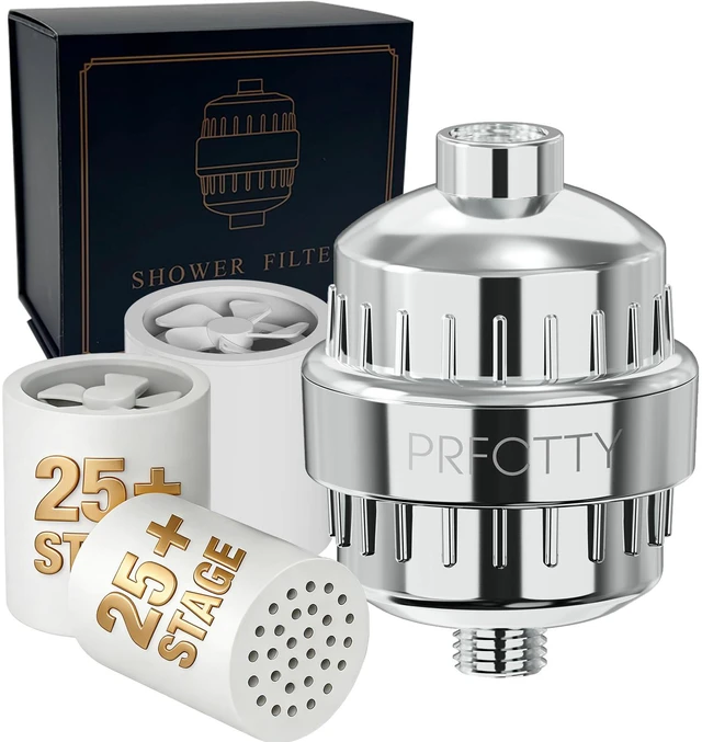Main image of 25-Stage Hard Water Shower Filter with Enhanced KDF55,High Output Filtered Shower Head with 3 Replacement Cartridges,Removes Chlorine,Fluoride & Sediment,Universal Polished Chrome Bathroom Showerhead
