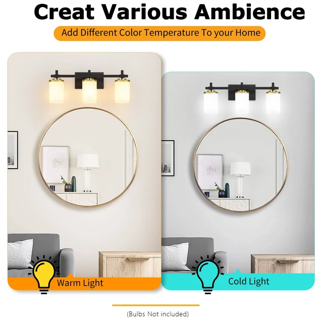 Alt view image 5 of 7 - 3-Lights Black and Gold Bathroom Lighting Fixtures Over Mirror, Anti-Rust Vanity Wall Lights for Bathroom with Milky White Frosted Glass Shades, Modern Bath Wall Lamp for Living Room Bedroom
