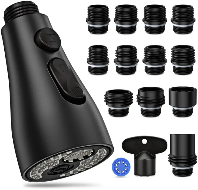 Main image of Kitchen Faucet Head Replacement, Kitchen Sink Faucet Head G 1/2, Kitchen Sink Sprayer Replacement 3 Modes with 12 Different Adapters, Compatible with Moen, Delta, Kohler Faucets, Black