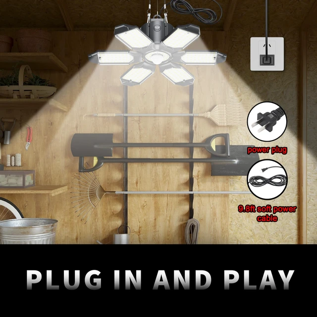 Alt view image 3 of 7 - Motion Sensor Garage Light, 200W 20000LM Plug in Motion Sensor Light Indoor, Shop Lights for Garage Motion Activated Deformable Panels, Dusk to Dawn Sensor Light for Basement, Workshop, Warehouse