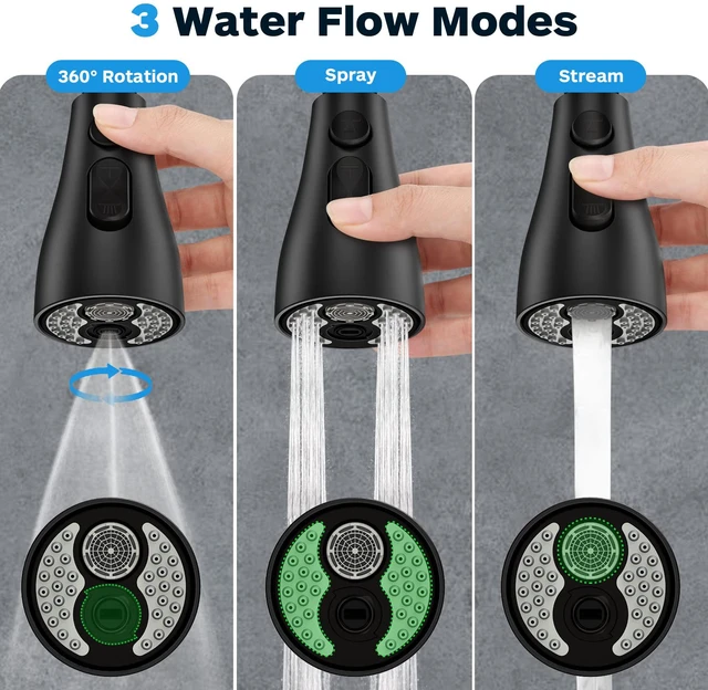 Alt view image 2 of 6 - Kitchen Faucet Head Replacement, Kitchen Sink Faucet Head G 1/2, Kitchen Sink Sprayer Replacement 3 Modes with 12 Different Adapters, Compatible with Moen, Delta, Kohler Faucets, Black