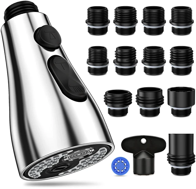 Main image of Kitchen Faucet Head Replacement 3 Modes with 12 Adapters, Pull Down Spray Head for Kitchen Faucet, Kitchen Sink Faucet Head G 1/2, Sprayer Head Replacement, Chrome