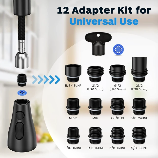 Alt view image 5 of 6 - Kitchen Faucet Head Replacement, Kitchen Sink Faucet Head G 1/2, Kitchen Sink Sprayer Replacement 3 Modes with 12 Different Adapters, Compatible with Moen, Delta, Kohler Faucets, Black