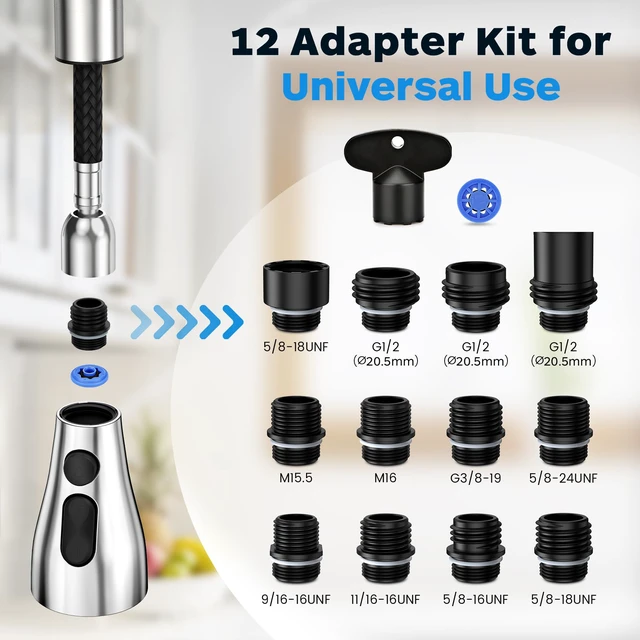 Alt view image 5 of 6 - Kitchen Faucet Head Replacement 3 Modes with 12 Adapters, Pull Down Spray Head for Kitchen Faucet, Kitchen Sink Faucet Head G 1/2, Sprayer Head Replacement, Chrome
