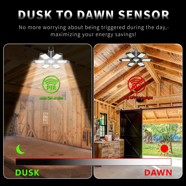Alt view image 6 of 7 - Motion Sensor Garage Light, 200W 20000LM Plug in Motion Sensor Light Indoor, Shop Lights for Garage Motion Activated Deformable Panels, Dusk to Dawn Sensor Light for Basement, Workshop, Warehouse