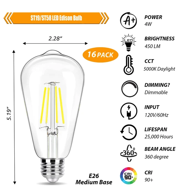Alt view image 2 of 7 - 5000K Daylight Dimmable LED Edison Bulbs 40W Equivalent, 16 Pack 4 Watt ST19 LED Light Bulb for Bathroom, 90 CRI, 450LM, E26 Base