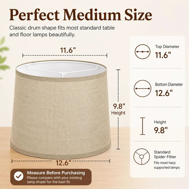 Alt view image 2 of 7 - Drum Lamp Shades Set of 2,Brown Linen Fabric,11.6" x 12.6" x 9.8" Easy to install with included spider fitter hardware, ideal for table and floor lamps in living rooms, bedrooms and offices