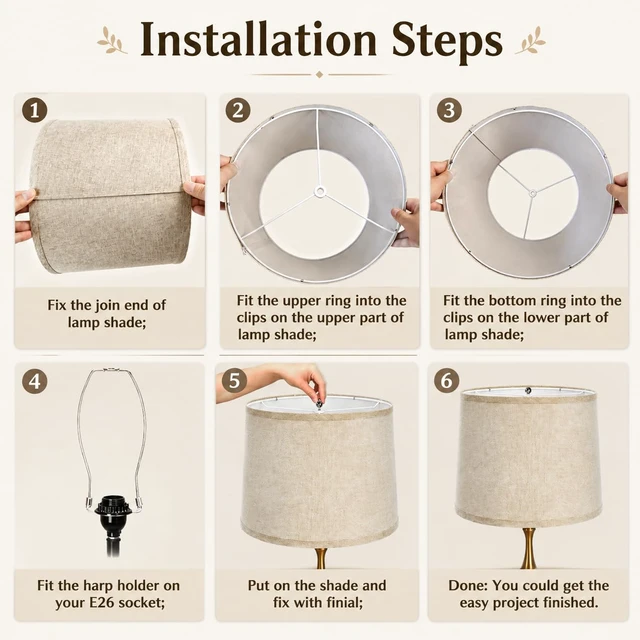 Alt view image 4 of 7 - Drum Lamp Shades Set of 2,Brown Linen Fabric,11.6" x 12.6" x 9.8" Easy to install with included spider fitter hardware, ideal for table and floor lamps in living rooms, bedrooms and offices