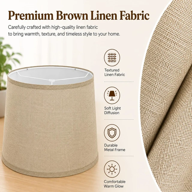 Alt view image 3 of 7 - Drum Lamp Shades Set of 2,Brown Linen Fabric,11.6" x 12.6" x 9.8" Easy to install with included spider fitter hardware, ideal for table and floor lamps in living rooms, bedrooms and offices