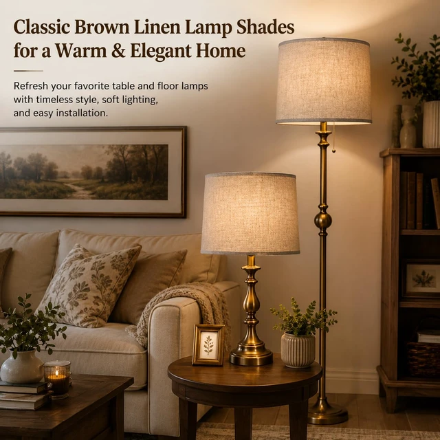 Alt view image 6 of 7 - Drum Lamp Shades Set of 2,Brown Linen Fabric,11.6" x 12.6" x 9.8" Easy to install with included spider fitter hardware, ideal for table and floor lamps in living rooms, bedrooms and offices