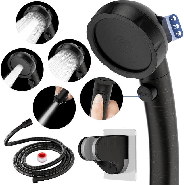 Main image of On/Off High Pressure Handheld Shower Head for RV Camper 3 Spray Modes Shower Head with Pause Button, Water Saving Shower Head with Hose and Self-adhesive Holder(Oil-Rubbed Bronze)