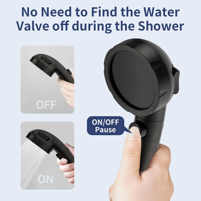 Alt view image 3 of 7 - On/Off High Pressure Handheld Shower Head for RV Camper 3 Spray Modes Shower Head with Pause Button, Water Saving Shower Head with Hose and Self-adhesive Holder(Oil-Rubbed Bronze)