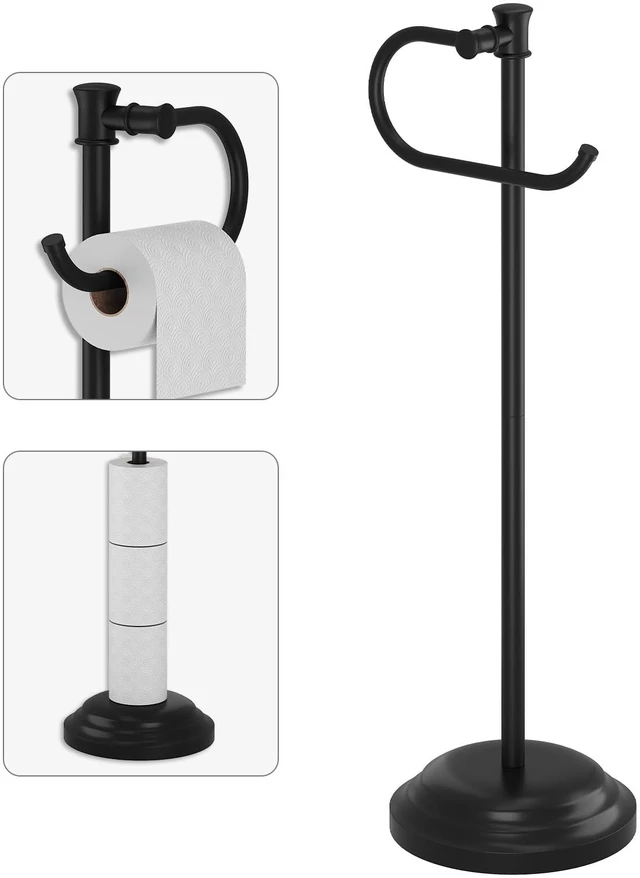 Main image of Toilet Paper Holder Floor Stand, Bathroom Freestanding Black Toilet Tissue Roll Holder, Free Standing Rack with Storage, Weighted Base Accessories, SUS304 Stainless Steel Rustproof