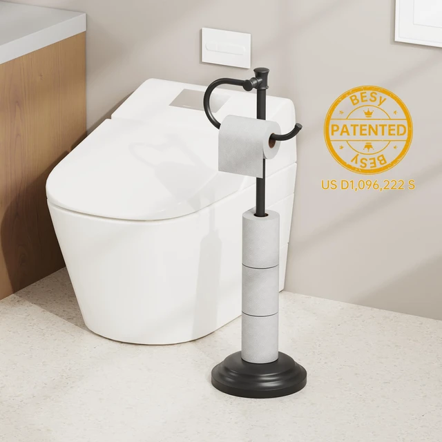 Alt view image 2 of 7 - Toilet Paper Holder Floor Stand, Bathroom Freestanding Black Toilet Tissue Roll Holder, Free Standing Rack with Storage, Weighted Base Accessories, SUS304 Stainless Steel Rustproof