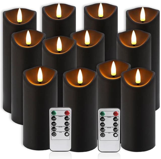 Main image of 12 Pack Halloween Decoration Flickering Flameless Candles, Battery Operated LED Pillar Candles with Remote Control and Timer.for Home Decor (D2.2 xH 5" 6" 7" Black)