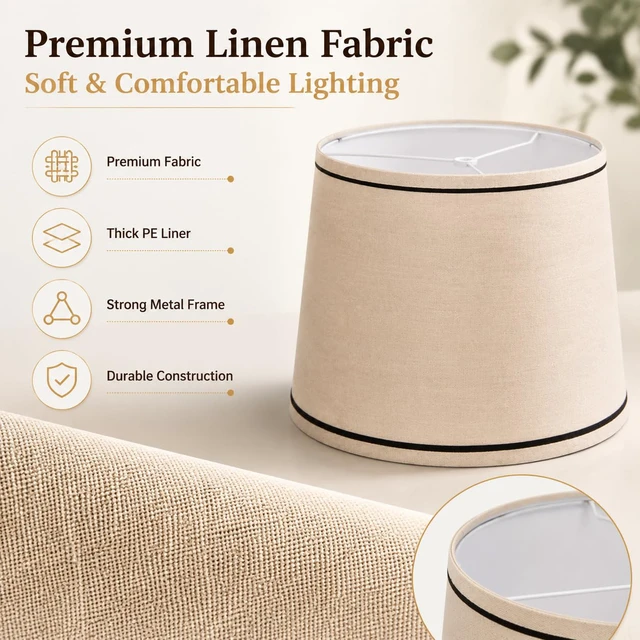 Alt view image 3 of 7 - Drum Lamp Shades Set of 2 Beige Burlap,Fitter for Table &Floor Lamp Medium 11.6x12.6x9.8dual-layer fabric softens light, sturdy metal frame,Spider Fitter&EasyAssembly,fits bedroom/living room