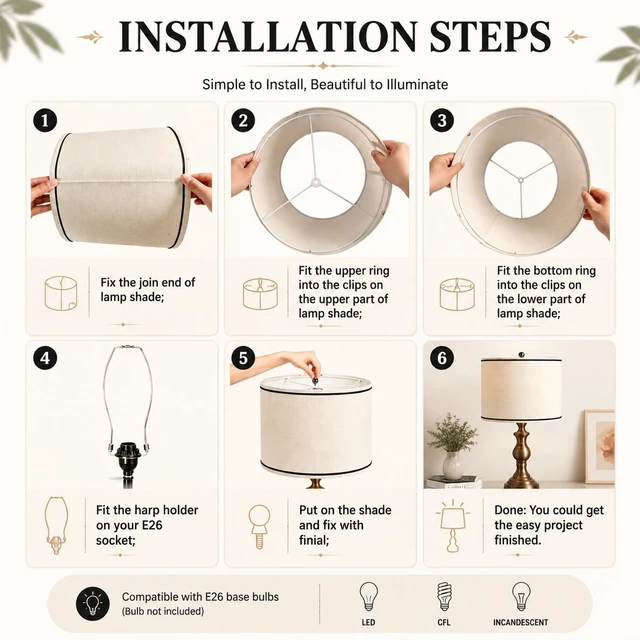Alt view image 4 of 7 - Drum Lamp Shades Set of 2 Beige Burlap,Fitter for Table &Floor Lamp Medium 11.6x12.6x9.8dual-layer fabric softens light, sturdy metal frame,Spider Fitter&EasyAssembly,fits bedroom/living room