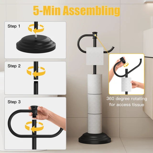 Alt view image 3 of 7 - Toilet Paper Holder Floor Stand, Bathroom Freestanding Black Toilet Tissue Roll Holder, Free Standing Rack with Storage, Weighted Base Accessories, SUS304 Stainless Steel Rustproof