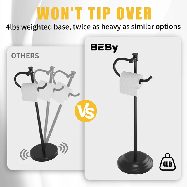 Alt view image 5 of 7 - Toilet Paper Holder Floor Stand, Bathroom Freestanding Black Toilet Tissue Roll Holder, Free Standing Rack with Storage, Weighted Base Accessories, SUS304 Stainless Steel Rustproof