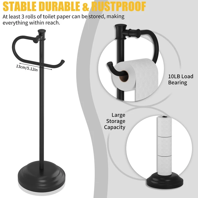 Alt view image 4 of 7 - Toilet Paper Holder Floor Stand, Bathroom Freestanding Black Toilet Tissue Roll Holder, Free Standing Rack with Storage, Weighted Base Accessories, SUS304 Stainless Steel Rustproof