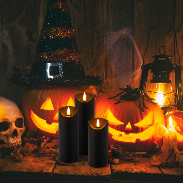 Alt view image 3 of 7 - 12 Pack Halloween Decoration Flickering Flameless Candles, Battery Operated LED Pillar Candles with Remote Control and Timer.for Home Decor (D2.2 xH 5" 6" 7" Black)