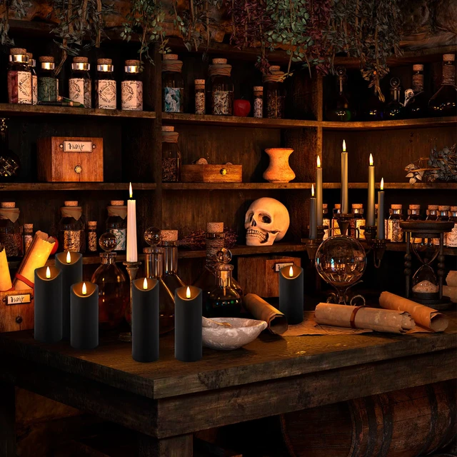 Alt view image 4 of 7 - 12 Pack Halloween Decoration Flickering Flameless Candles, Battery Operated LED Pillar Candles with Remote Control and Timer.for Home Decor (D2.2 xH 5" 6" 7" Black)