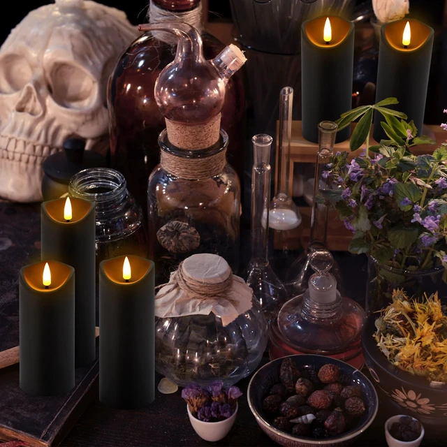 Alt view image 5 of 7 - 12 Pack Halloween Decoration Flickering Flameless Candles, Battery Operated LED Pillar Candles with Remote Control and Timer.for Home Decor (D2.2 xH 5" 6" 7" Black)