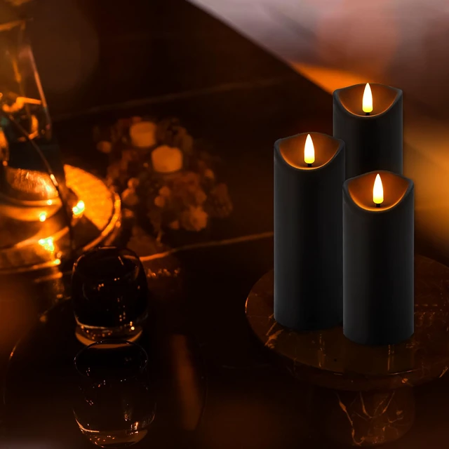 Alt view image 6 of 7 - 12 Pack Halloween Decoration Flickering Flameless Candles, Battery Operated LED Pillar Candles with Remote Control and Timer.for Home Decor (D2.2 xH 5" 6" 7" Black)