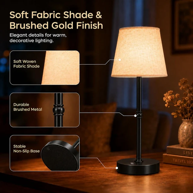 Alt view image 4 of 7 - Cordless Rechargeable Table Lamp, 6000mAh USB-C Touch Dimming Black 2 Pcs Battery Operated Fabric Lamp for Kitchen Counter, Bedroom, Living Room & Small Spaces; Soft Warm Light for Everyday Use