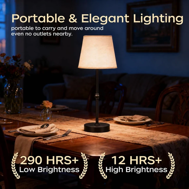 Alt view image 2 of 7 - Cordless Rechargeable Table Lamp, 6000mAh USB-C Touch Dimming Black 2 Pcs Battery Operated Fabric Lamp for Kitchen Counter, Bedroom, Living Room & Small Spaces; Soft Warm Light for Everyday Use